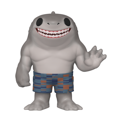 Figura colecionável de tubarão cinzento com calções azul e castanho