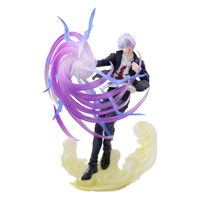 Figura colecionável de personagem anime com efeito roxo e base amarela