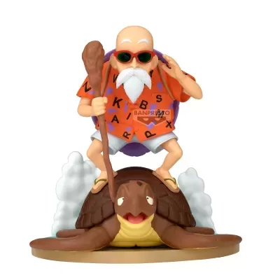 Figurine de senhor calvo com barba branca em camisa laranja em cima de tartaruga marrom