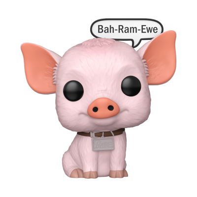 Figura porco rosa com olhos grandes, coleira BABE e balão de fala Bah-Ram-Ewe