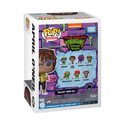 Caixa Funko Pop! Movies com boneco de April O'Neil e logotipos das Teenage Mutant Ninja Turtles