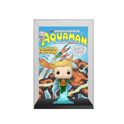 Figura POP de Aquaman com capa de banda desenhada ao fundo