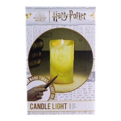 Embalagem do Candle Light Harry Potter com vela amarela e brasão de Hogwarts