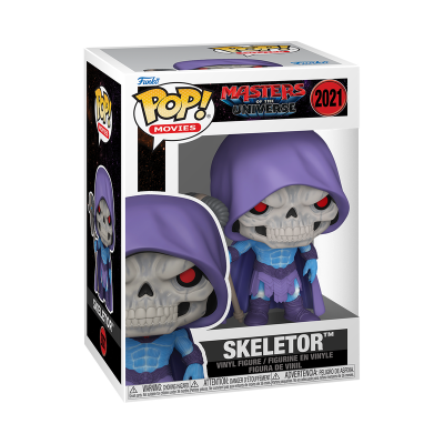 Figura Funko Pop Skeletor de vinil embalada na caixa tematizada Masters of the Universe 2021.