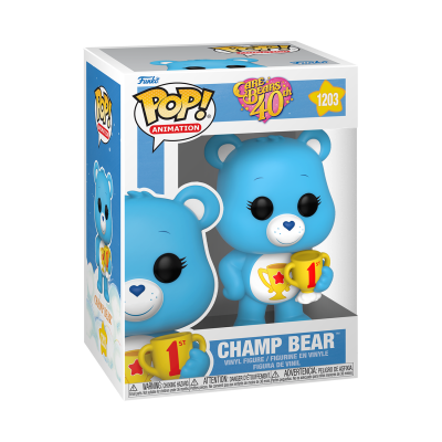 Figura Funko Pop Champ Bear azul com troféu, dentro da caixa com logo Care Bears 40th