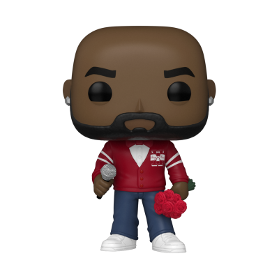 Funko Pop de personagem masculina com casaco vermelho, calças azuis, segurando microfone e rosas