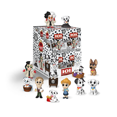 Figuras Funko Mystery Mini de 101 Dalmatians em vinil com várias personagens e caixa temática com manchas pretas e brancas.