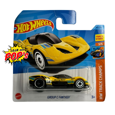 Veículo Hot Wheels amarelo 'Group C Fantasy' em embalagem azul e laranja