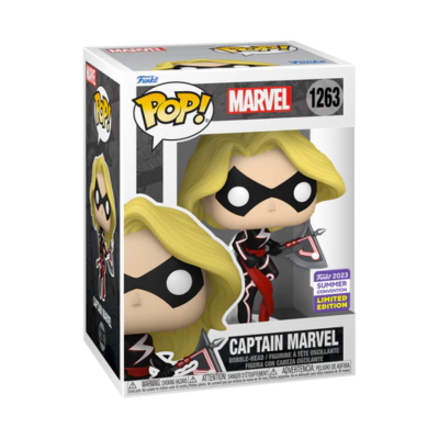 Figura Pop! Captain Marvel da Marvel com máscara preta, cabelo amarelo e traje vermelho dentro de caixa