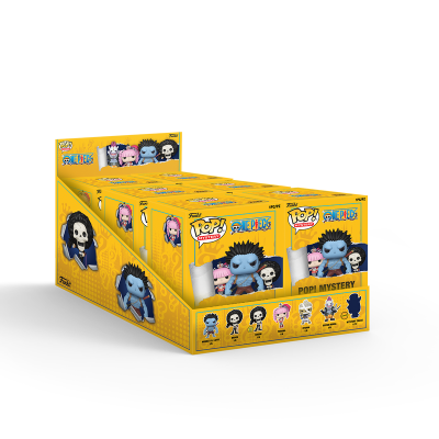 Expositor amarelo com caixas de Funko Pop! Mystery de One Piece exibindo várias personagens