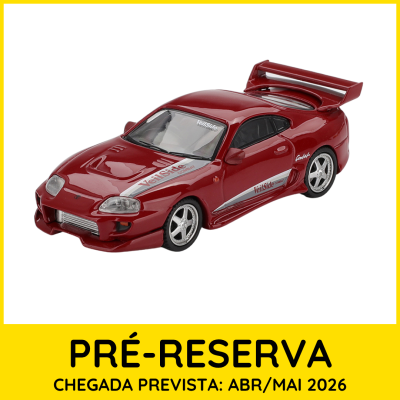 Modelo de carro vermelho com autocolantes VeilSide em fundo branco com moldura amarela.