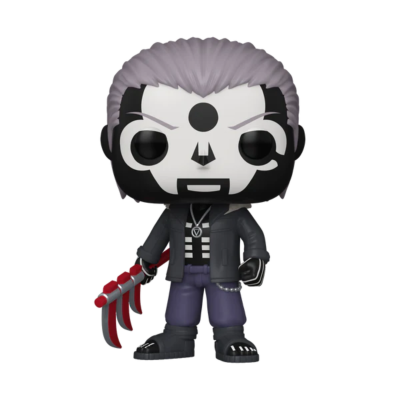 Figura Funko Pop com cabelo cinza e rosto pintado em padrões preto e branco