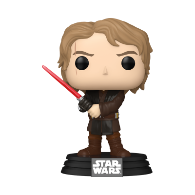 Figura Funko Pop do Star Wars com espada vermelha numa base preta