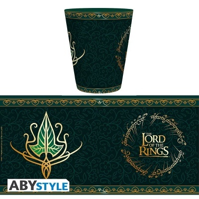 Copo verde escuro com design de The Lord of the Rings em dourado e padrão floral