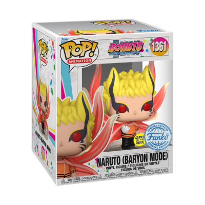 Figura Funko Pop! Naruto Baryon Mode com cabelo amarelo, olhos vermelhos e asas vermelhas nas partes laterais, dentro de caixa com imagens e textos coloridos.