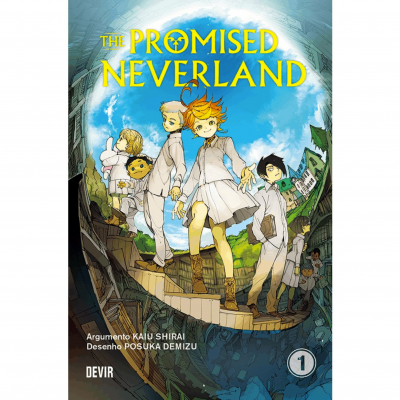 Capa do livro The Promised Neverland com cinco personagens em vestes brancas numa paisagem urbana e céu azul.