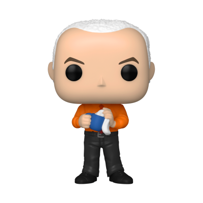 Figura Funko Pop com cabelo branco segurando caneca azul