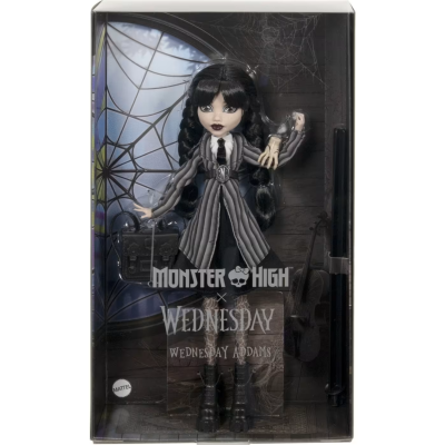 Boneca Monster High Wednesday Addams com vestido risca de giz em caixa transparente