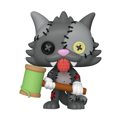 Brinquedo de gato cinzento com olhos de botão e martelo verde