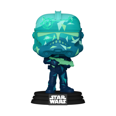 Figura Funko Pop de soldado Star Wars em azul e verde com base preta