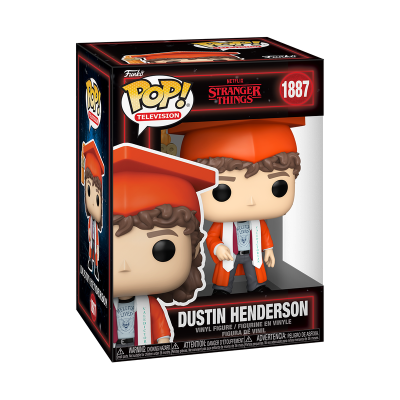 Figura Funko Pop Dustin Henderson vestindo traje de formatura laranja em embalagem