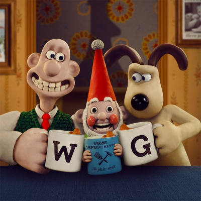 Três personagens animados com canecas e livro em mesa, fundo com parede decorada