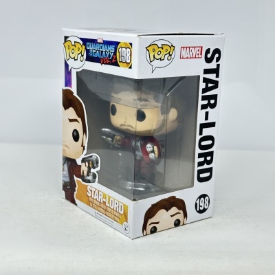 Figura Funko Pop! Star-Lord Marvel número 198 em caixa branca com janela transparente