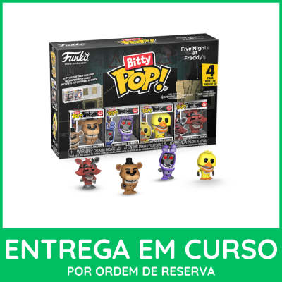 Caixa e figuras Funko Pop! Bitty Five Nights at Freddys com quatro personagens em plástico colorido.
