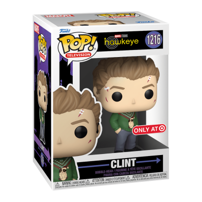 Funko Pop da série Hawkeye Marvel, personagem Clint, em embalagem