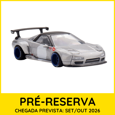Miniatura de carro desportivo cinzento com detalhes pretos e azuis em fundo branco