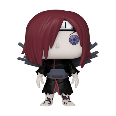 Figura vinil com cabelo vermelho, roupa preta, máscara na testa e olho roxo em espiral