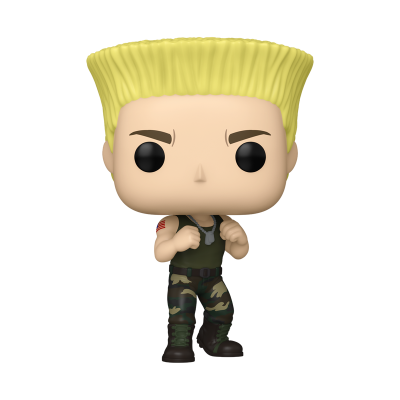 Figura Funko Pop de soldado com roupa camuflada e cabelo amarelo