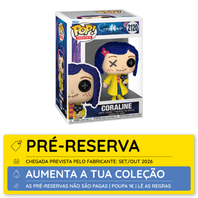 Figura Funko Pop! Coraline em caixa de vinil com indicação de pré-reserva e chegada prevista para 2026.