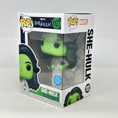Figura Funko Pop! She-Hulk Marvel na caixa com vestido prateado glitter