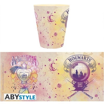 Copo decorado com tema Harry Potter com ilustrações e textos Amortentia Love Potion e Hogwarts