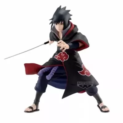 Figura de anime com roupa preta e vermelha em pose com espada