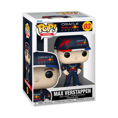 Figura Funko Pop de Max Verstappen com fato azul e capacete em caixa