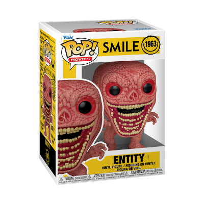 Funko Pop! Entity de Smile, figura vinil com pele vermelha e dentes visíveis, embalada em caixa branca e amarela.