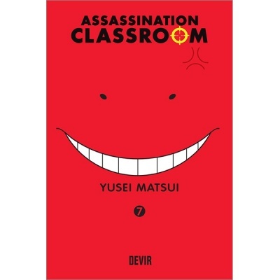 Capa vermelha de livro com sorriso branco e texto ASSASSINATION CLASSROOM, YUSEI MATSUI, 7, DEVIR