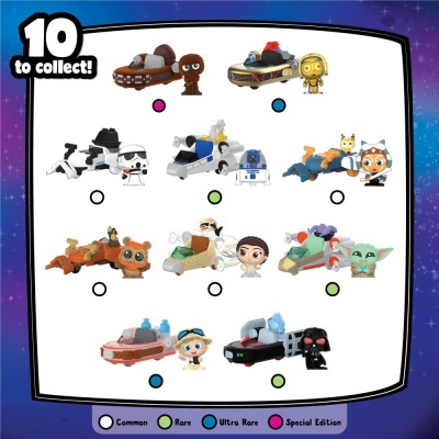 Miniaturas colecionáveis Star Wars em fundo branco com indicação de raridades.