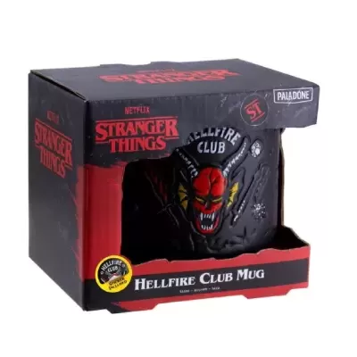 Caneca Hellfire Club Stranger Things na caixa preta e vermelha