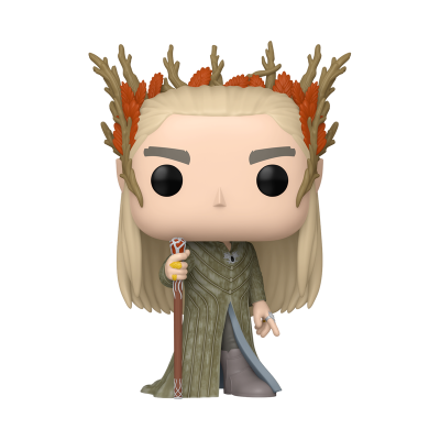 Boneco Funko Pop com coroa de ramos e folhas, vestido com túnica verde e segurando um bastão