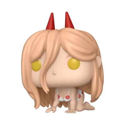 Figura Funko Pop feminina com cabelo loiro, olhos amarelos, chifres vermelhos e biquíni branco com bolas vermelhas