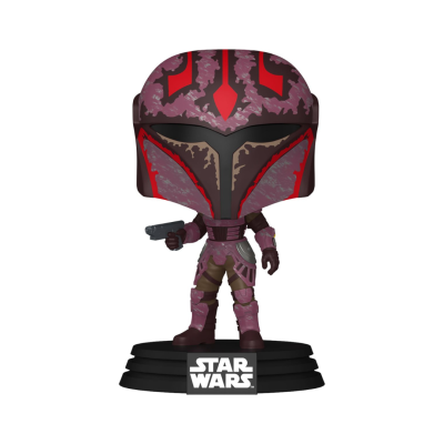 Figura Funko Pop Star Wars com capacete roxo e vermelho e arma