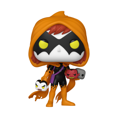 Figura Funko Pop com capuz laranja e máscara preta segurando objetos de abóbora