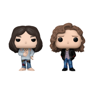 Duas figuras Funko Pop de personagens com cabelo castanho e roupas coloridas.