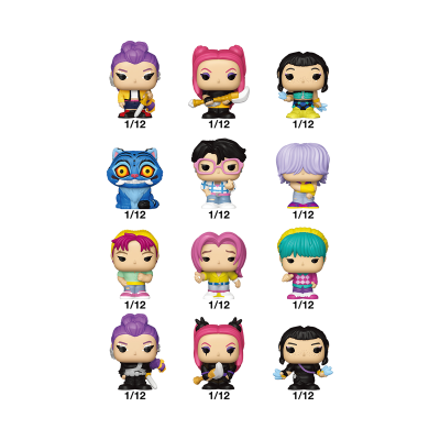 Figuras colecionáveis Funko Pop coloridas de personagens e gato azul