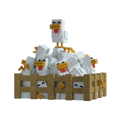 Galinhas 3D estilizadas brancas num cercado de madeira.