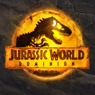 Logótipo de Jurassic World Dominion com esqueleto de dinossauro iluminado