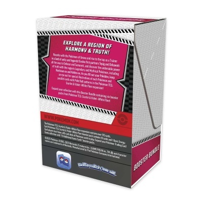 Caixa de booster Pokémon TCG com texto e design em vermelho, branco, preto e cinzento